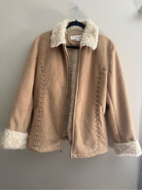 Liz Claiborne Penny Lane Jacket Y2K Tan Faux-Suede Shearling Coat Stitching Cold
